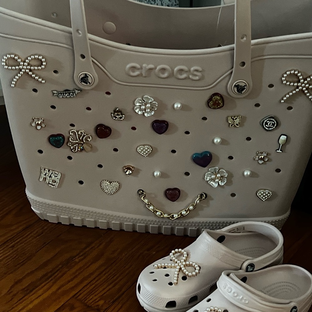Crocs and tote bag